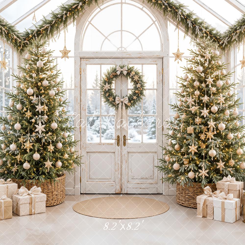Kate Christmas Greenhouse Gold Star Trees Wreath Presents Printed Backdrop Designed by Emetselch