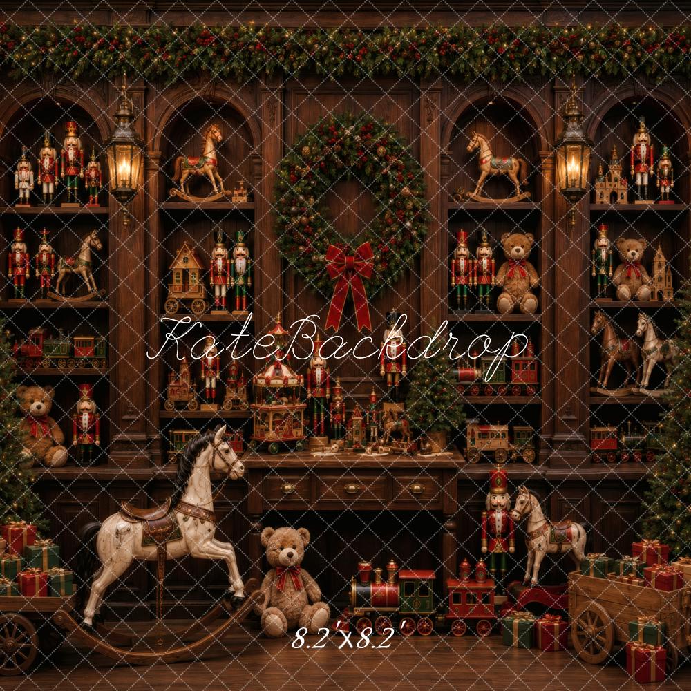 Kate Christmas Toy Shop Nutcracker Rocking Horse Wreath Printed Backdrop Designed by Vertigo Productions