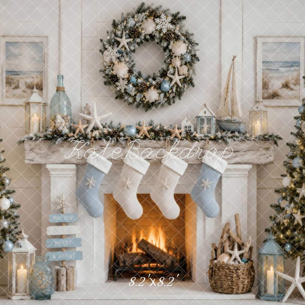 Kate Christmas Coastal Fireplace Stockings Blue Wreath Seashell Printed Backdrop Designed by Vertigo Productions