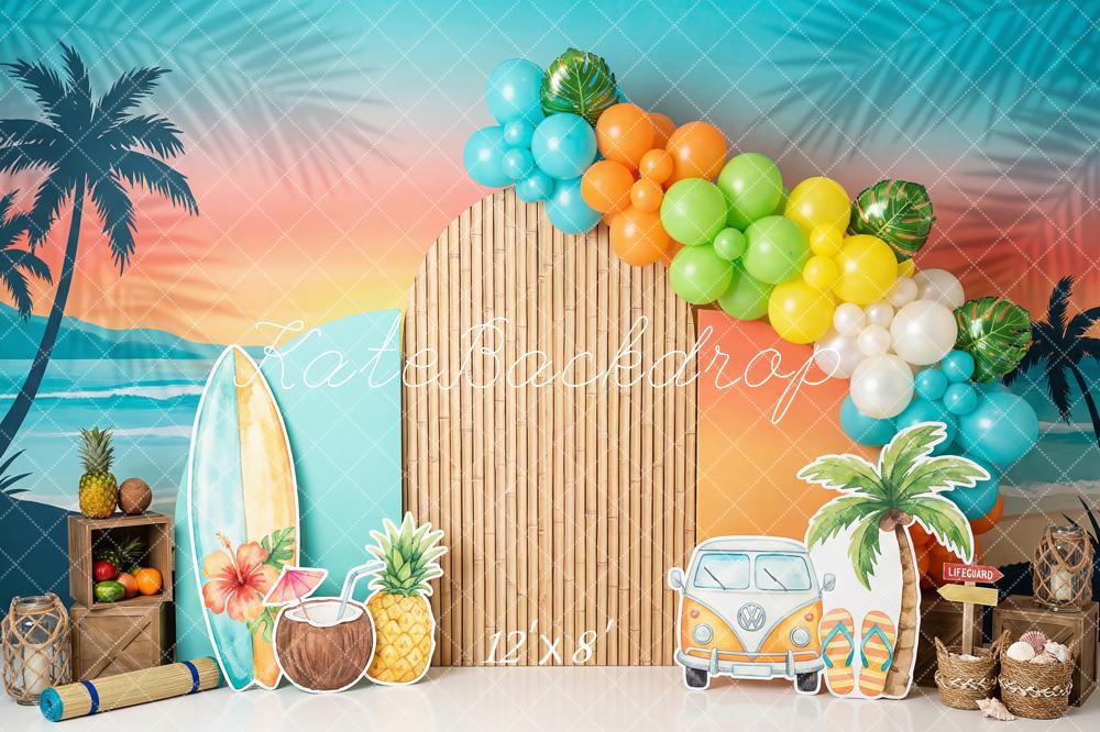 Kate Summer Beach Bamboo Arch Palm Tree Surfboard Printed Backdrop Designed by Patty Roberts