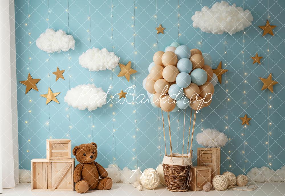 TEST Kate Cake Smash Blue Hot Air Balloon Cloud Stars Teddy Bear Backdrop Designed by Emetselch