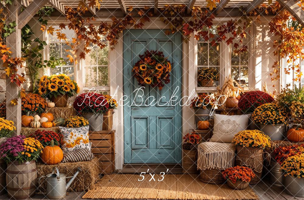 Kate Fall Porch Pumpkins Sunflowers Blue Door Printed Backdrop Designed by Emetselch