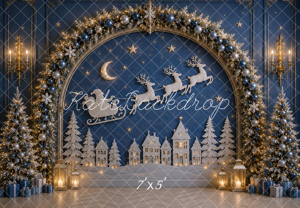 Kate Christmas Tree Blue Wall Snowy Village Sleigh Arch Printed Backdrop Designed by Caitlin Lynch