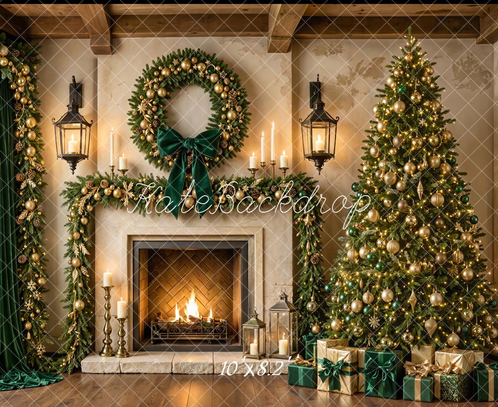 Kate Christmas Tree Fireplace Wreath Garland Gifts Green Curtains Printed Backdrop Designed by Emetselch