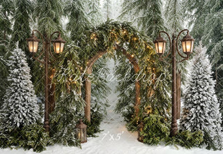 Kate Winter Lantern Arch Snowy Pine Trees Backdrop Designed by Emetselch