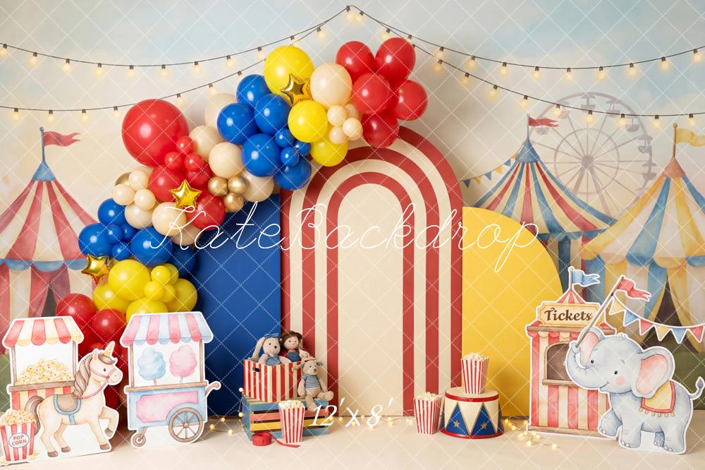 Kate Circus Carnival Tents Balloons Popcorn Elephant Printed Backdrop Designed by Patty Roberts