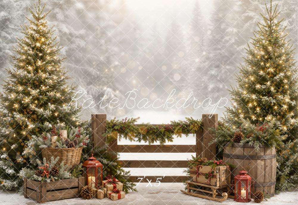 Kate Christmas Pine Trees Wooden Fence Garland Gifts Lantern Snow Printed Backdrop Designed by Emetselch