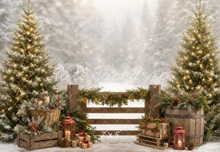 Kate Christmas Pine Trees Wooden Fence Garland Gifts Lantern Snow Printed Backdrop Designed by Emetselch