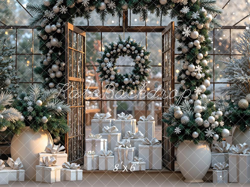 Kate Christmas Greenhouse Wreath Garland White Gift Boxes Pine Backdrop Designed by Mini MakeBelieve