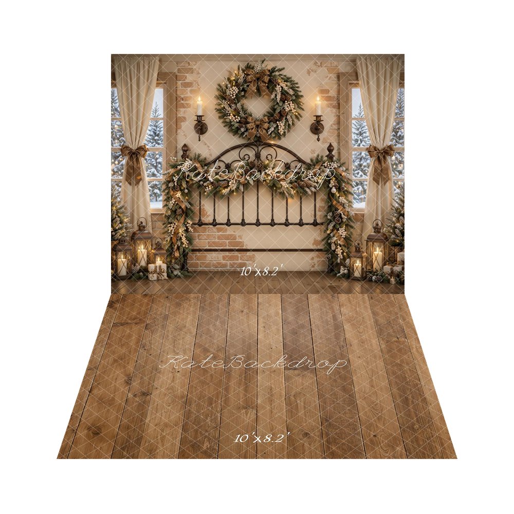 Kate Christmas Wrought Iron Headboard Wreath Garland Window Printed Backdrop+Rustic Brown Wood Floor Printed Backdrop