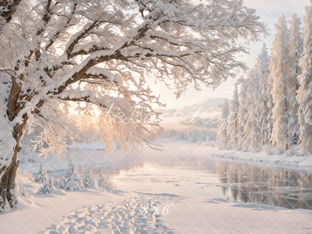Kate Winter Snowy Forest Lake Sunrise Printed Backdrop Designed by Emetselch