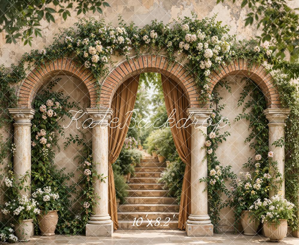 Kate Spring Vintage Roman Arch Garden Columns Stairs Flower Beige Printed Backdrop Designed by Emetselch