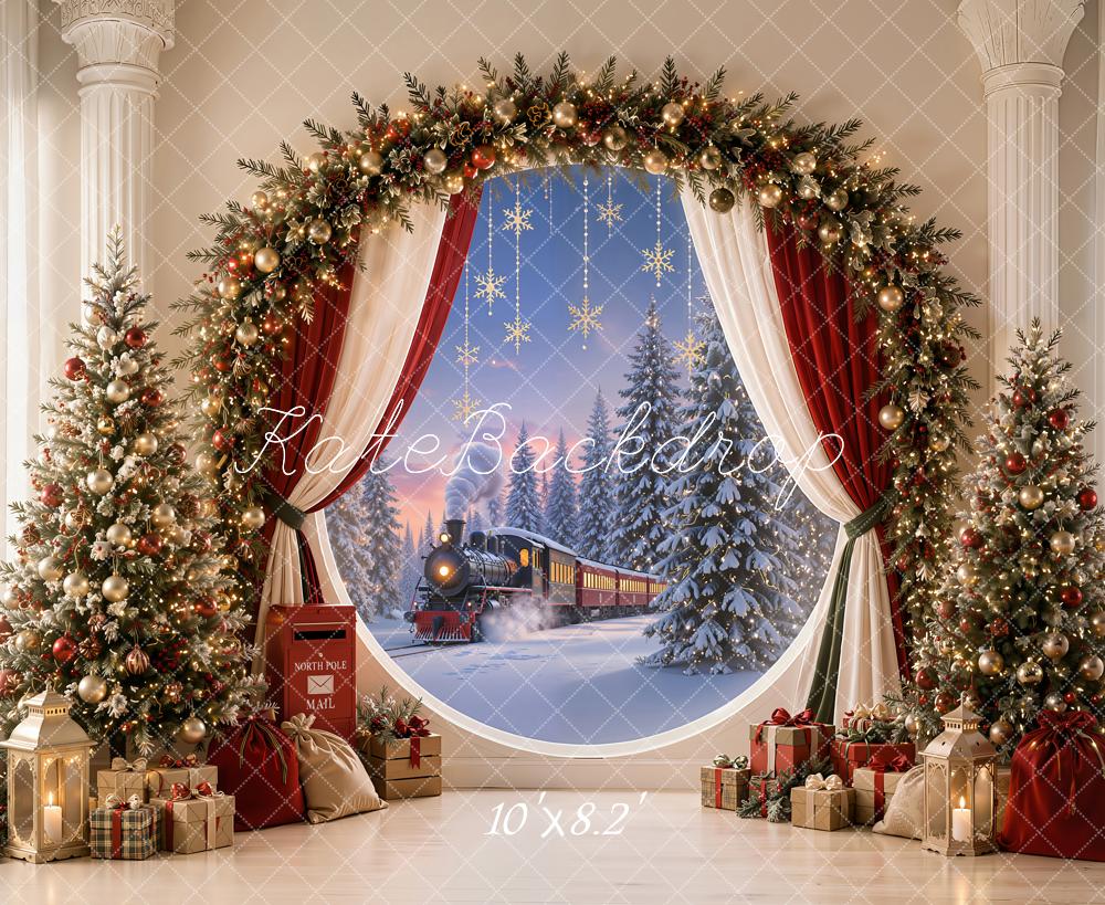 Kate Christmas Polar Train Garland Decorated Trees Red Curtains Printed Backdrop Designed by Emetselch