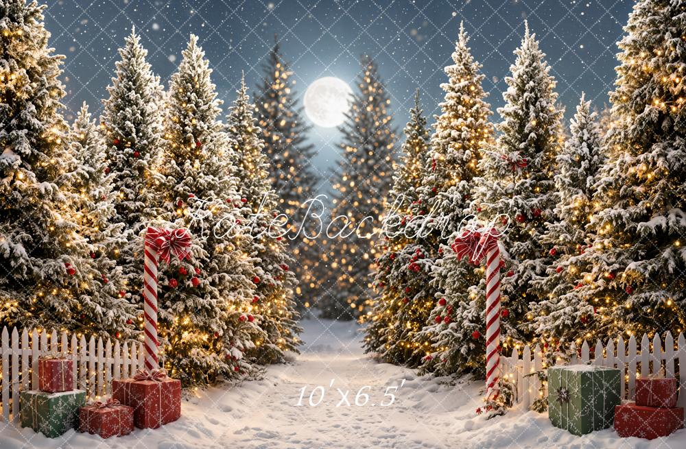 Kate Christmas Snowy Pine Trees Presents Moonlight Printed Backdrop Designed by Emetselch