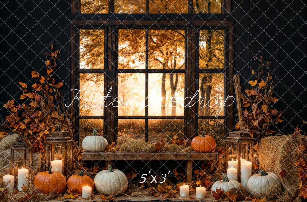 Kate Fall Pumpkin Candle Window Hay Bales Backdrop Designed by Emetselch