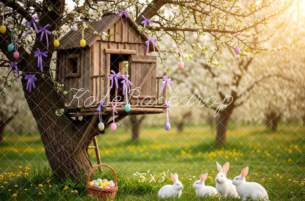 Kate Easter Bunny Treehouse Pastel Eggs Meadow Printed Backdrop Designed by Patty Roberts