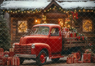 Kate Christmas Red Truck Snowy Cabin Gifts Printed Backdrop Designed by Emetselch