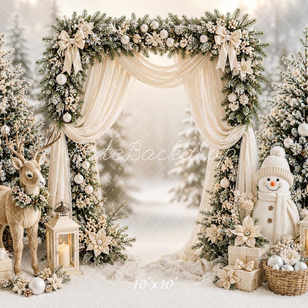 Kate Christmas Trees Floral Arch Reindeer Snowman Snowy Printed Backdrop Designed by Emetselch