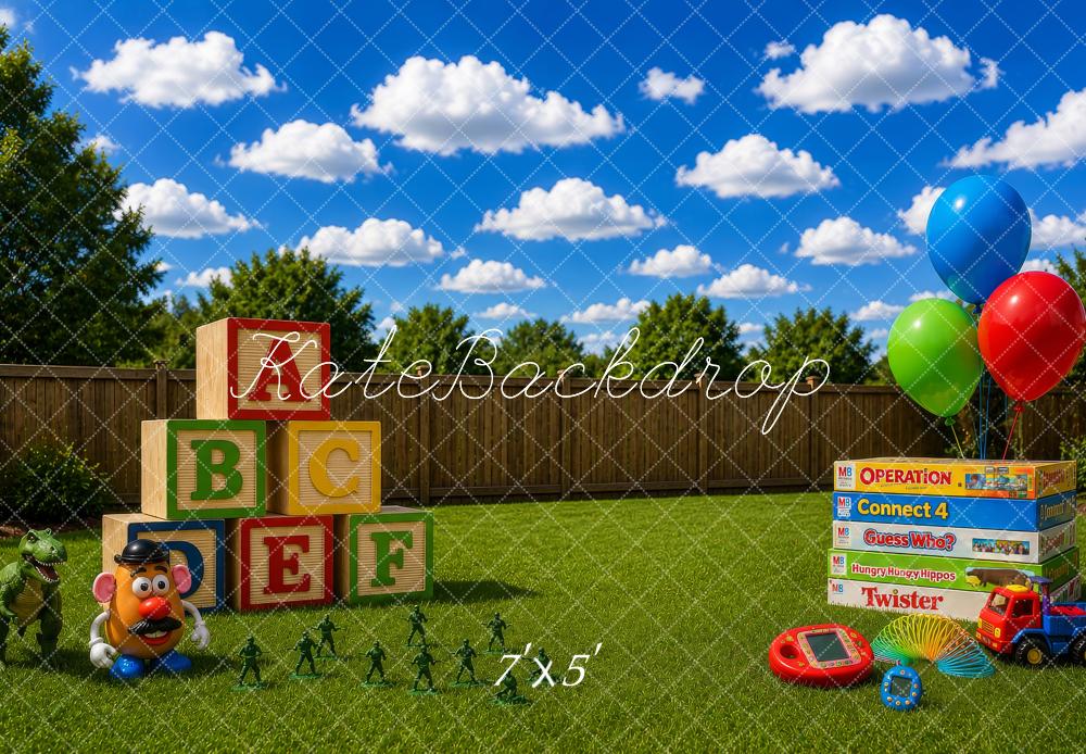 Kate Kids Backyard Toys Balloons Blocks Board Games Printed Backdrop Designed by Megan Leigh Photography