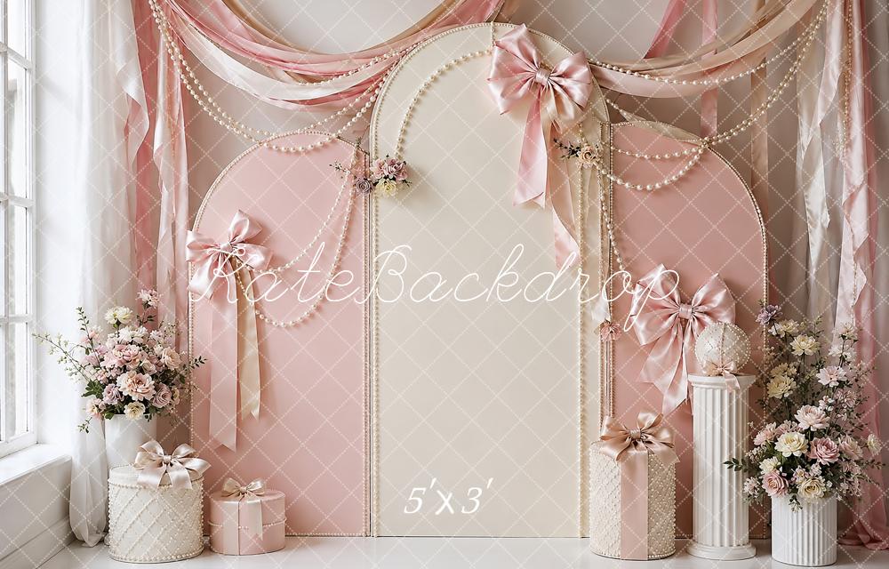Kate Cake Smash Pink Ribbon Pearl Bow Printed Backdrop Designed by Shutter Swan Studios