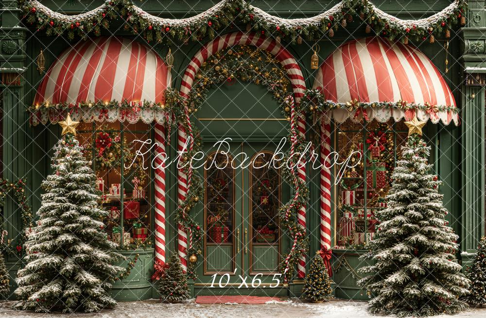 Kate Christmas Shop Candy Cane Striped Awning Snowy Trees Backdrop Designed by Emetselch