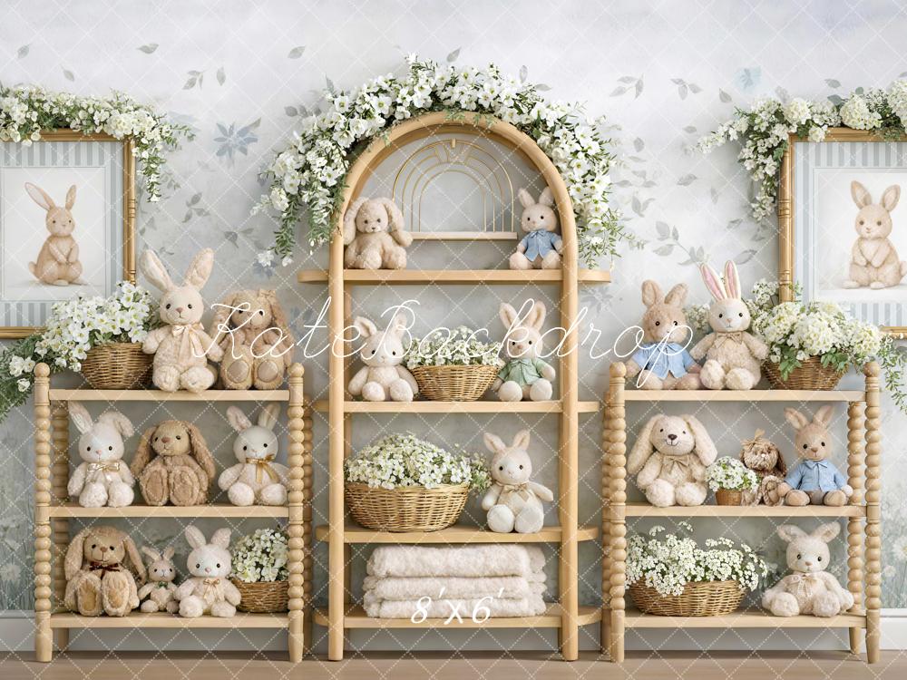 Kate Easter Bunny Flower Arch Plush Shelves Printed Backdrop Designed by Mini MakeBelieve