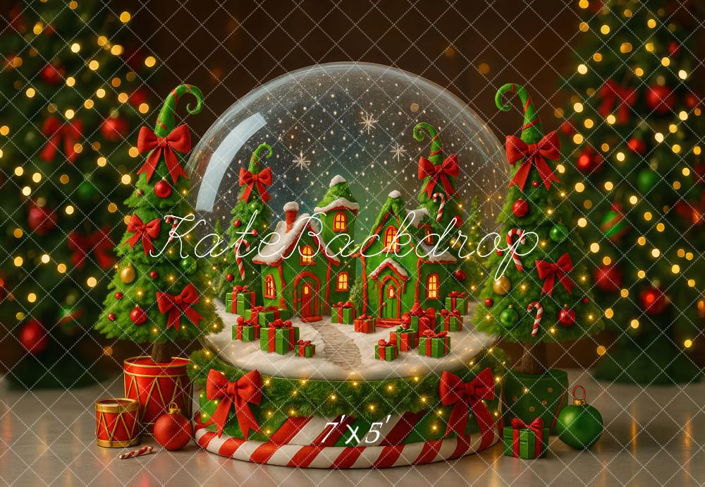 Kate Christmas Snow Globe Gingerbread House Green Red Trees Gifts Backdrop Designed by Ashley Paul