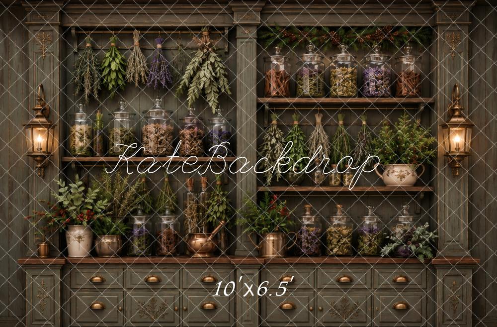Kate Apothecary Cabinet Herbs Jars Greenery Printed Backdrop Designed by Vertigo Productions