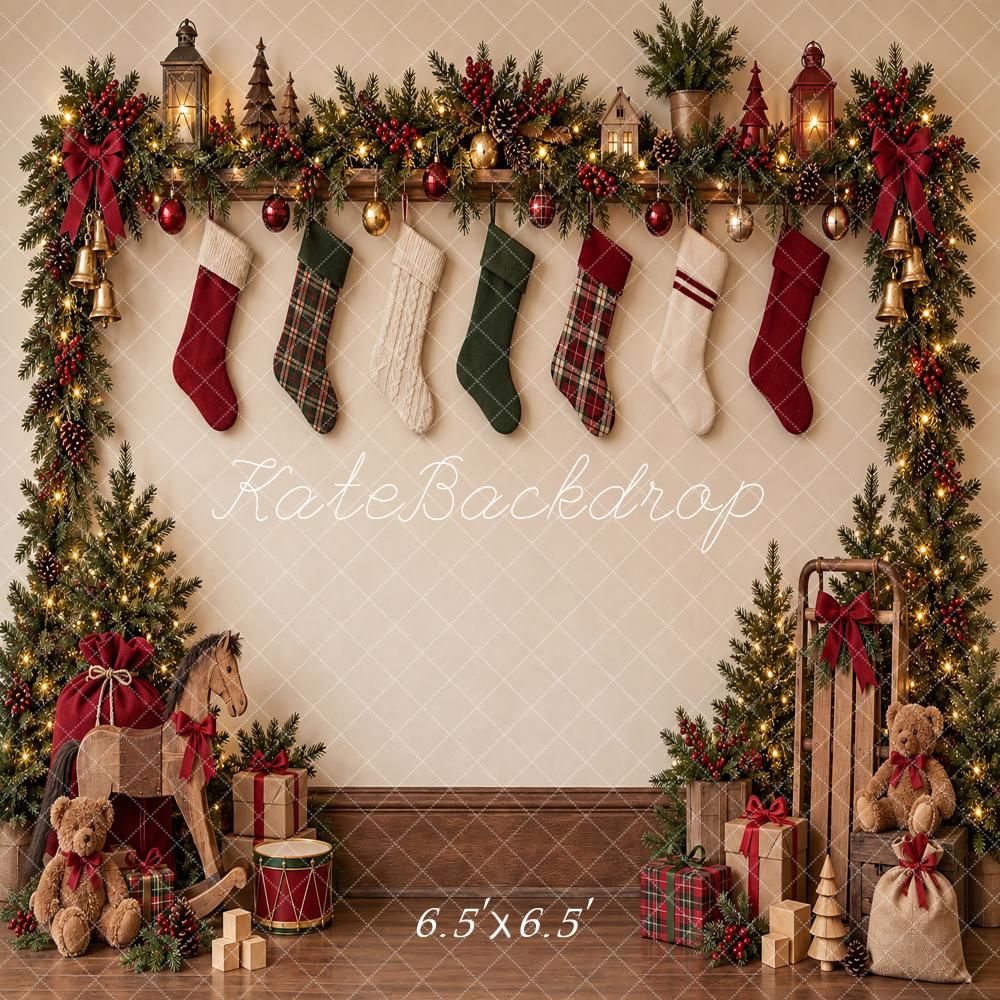 Kate Christmas Stocking Garland Gifts Rocking Horse Printed Backdrop Designed by Vertigo Productions