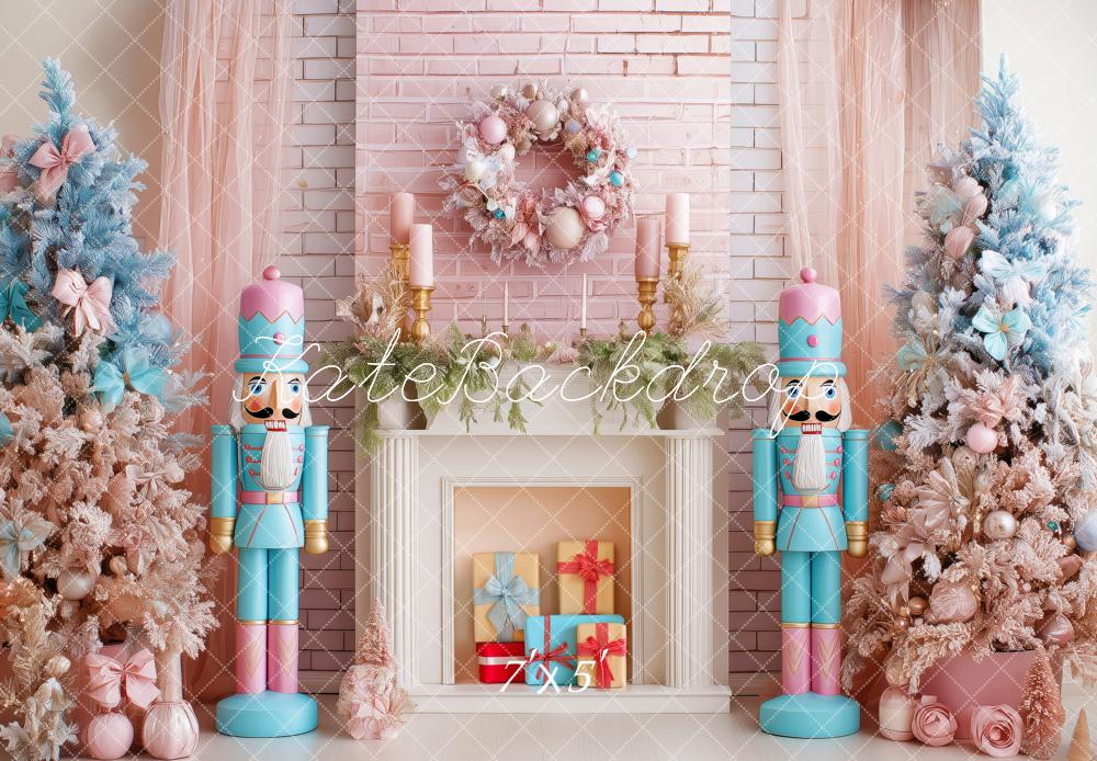 Kate Christmas Trees Nutcracker Pink Fireplace Pastel Backdrop Designed by Patty Roberts