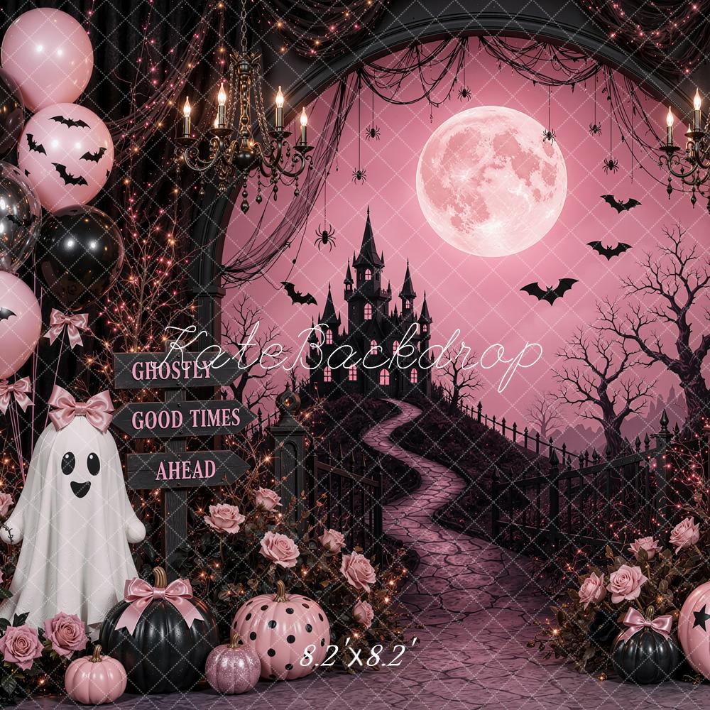 Kate Halloween Birthday Pink Gothic Castle Moon Ghosts Printed Backdrop Designed by Shutter Swan Studios