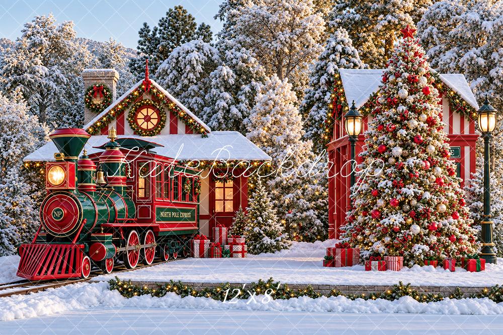 Kate Christmas Snowy Polar Train Station Trees Red Printed Backdrop Designed by Angela Miller