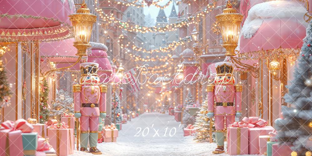Kate Christmas Pink Nutcracker Snowy Street Shop Backdrop Designed by Emetselch