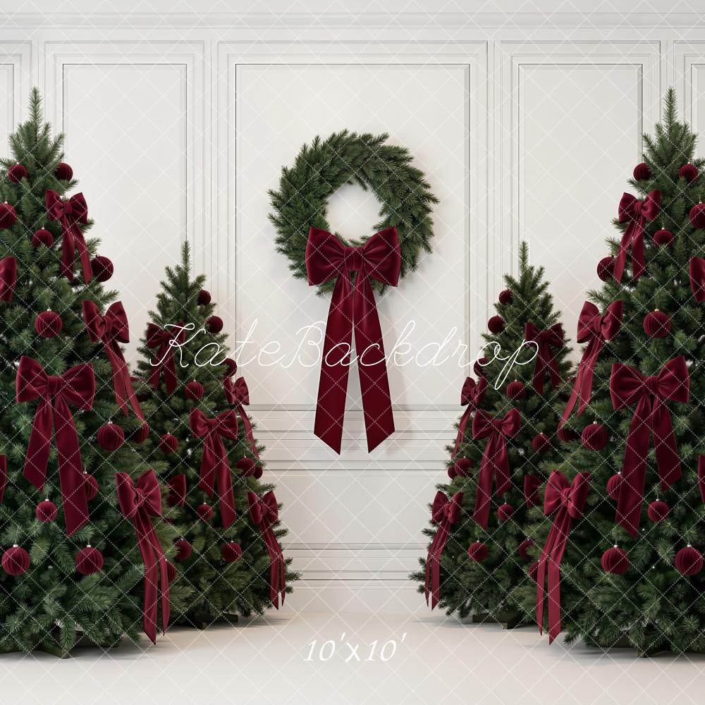 Kate Christmas Trees Burgundy Bows Wreath White Wall Printed Backdrop Designed by Emetselch