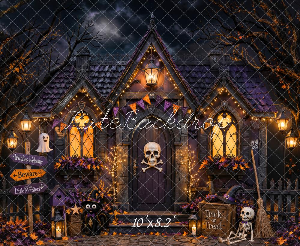 Kate Halloween Night Haunted House Skull Skeleton Doorway Printed Backdrop Designed by Chain Photography
