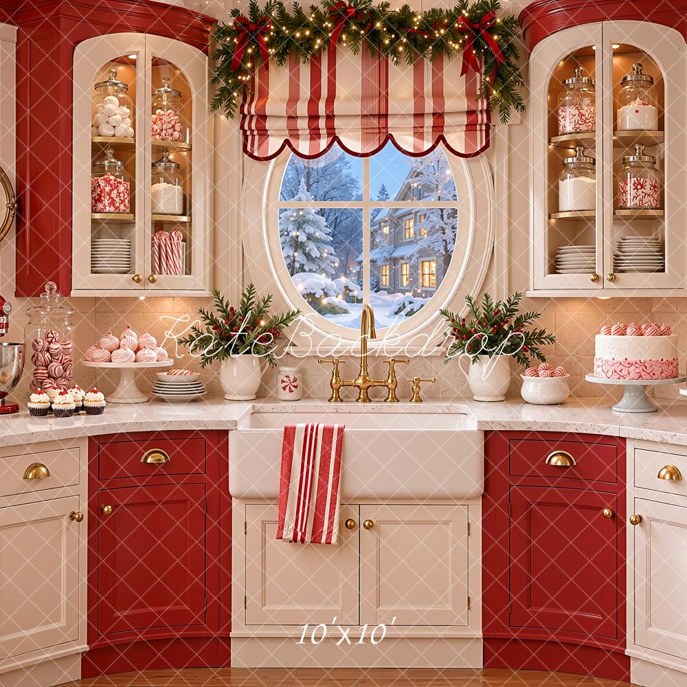 Kate Christmas Kitchen Red Candy Cane Peppermint Window Printed Backdrop Designed by Shutter Swan Studios