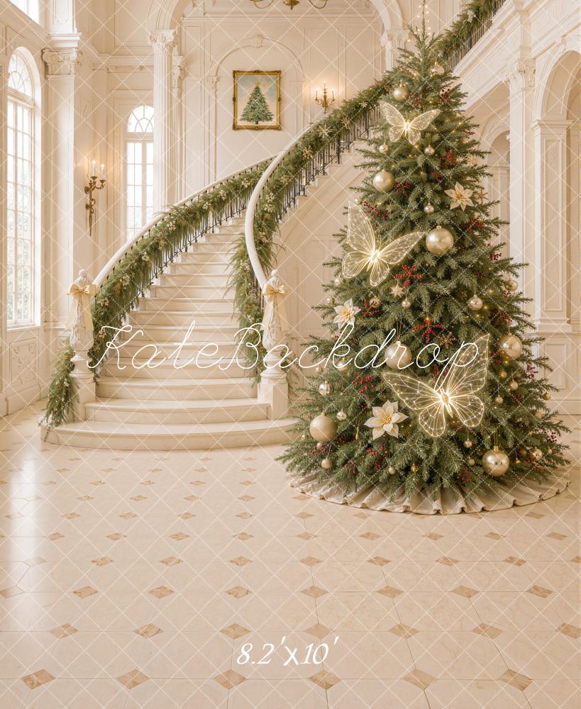 Kate Christmas Tree Cascading Stairs Butterfly Lights Elegant Printed Backdrop Designed by Emetselch