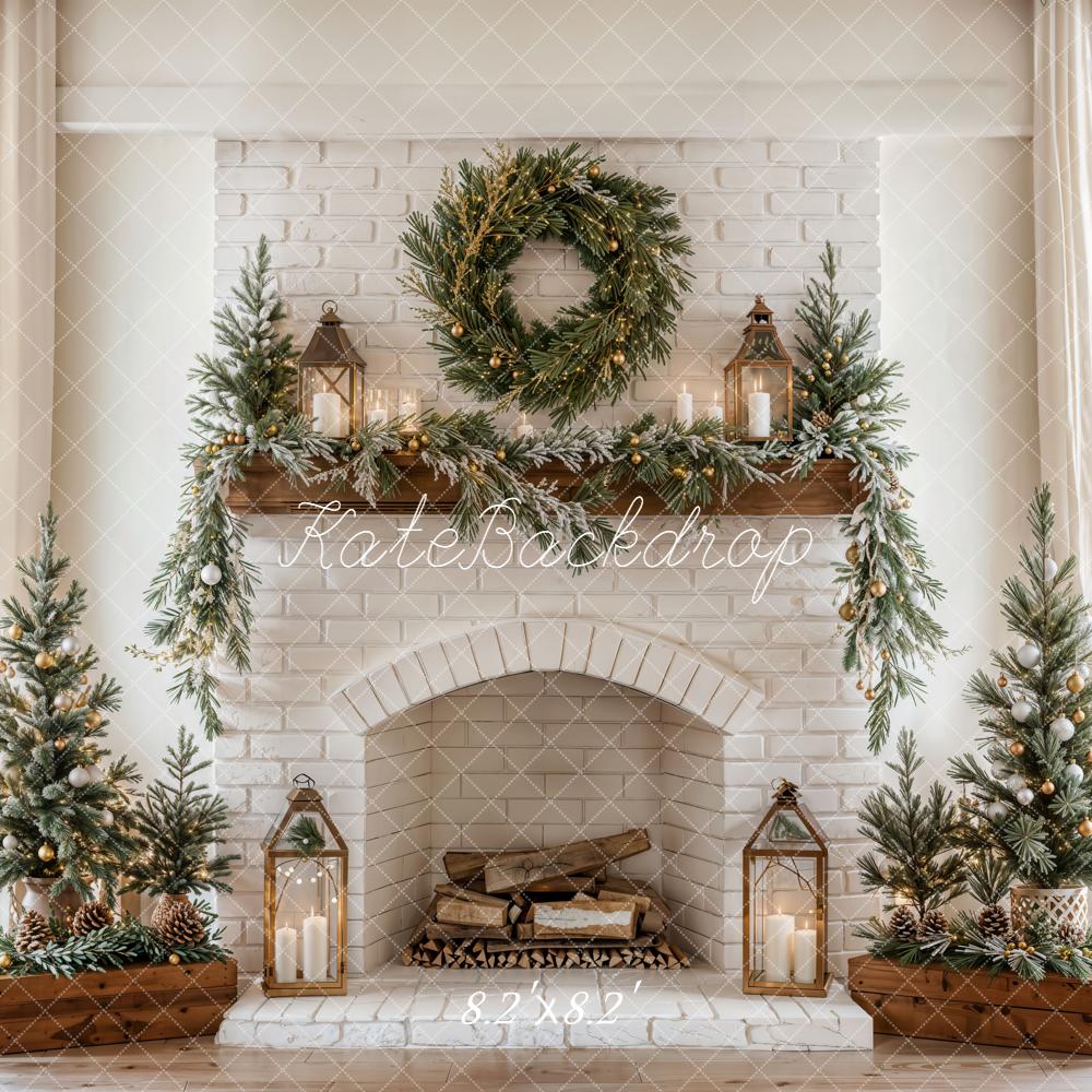 希少☆ Think Bee! クリスマスフレーム デザインフレーム インテリア Kate Christmas Fireplace Wreath White Brick Wall Printed Backdrop Desi
