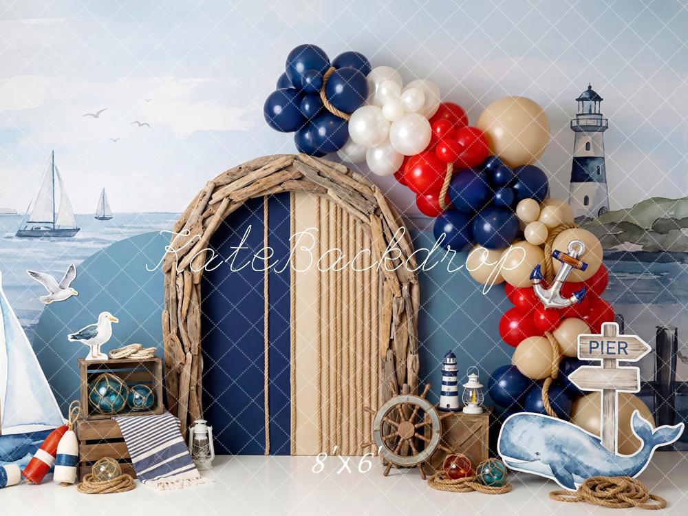 Kate Cake Smash Nautical Sailboats Lighthouse Driftwood Arch Balloons Printed Backdrop Designed by Patty Roberts