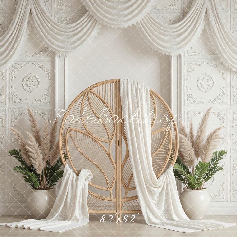 Kate Mother's Day Boho White Drapes Rattan Chair Pampas Grass Backdrop Designed by Mini MakeBelieve