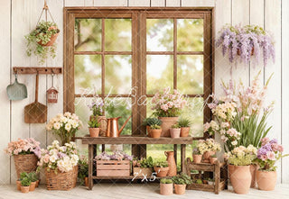 Kate Spring Rustic Window Flower Pots Garden Printed Backdrop Designed by Emetselch