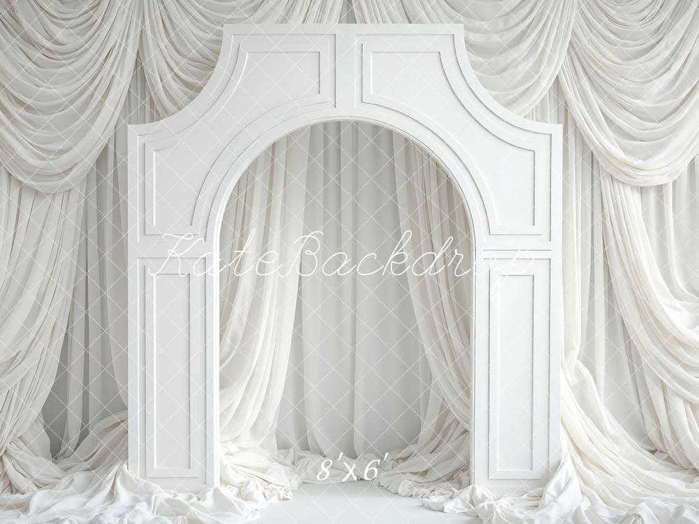 Kate White Arch Decorative Panel Draped Curtains Printed Backdrop Designed by Mini MakeBelieve