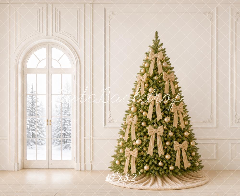 Kate Christmas Gold Bow Tree Elegant White Wall Printed Backdrop Designed by Emetselch