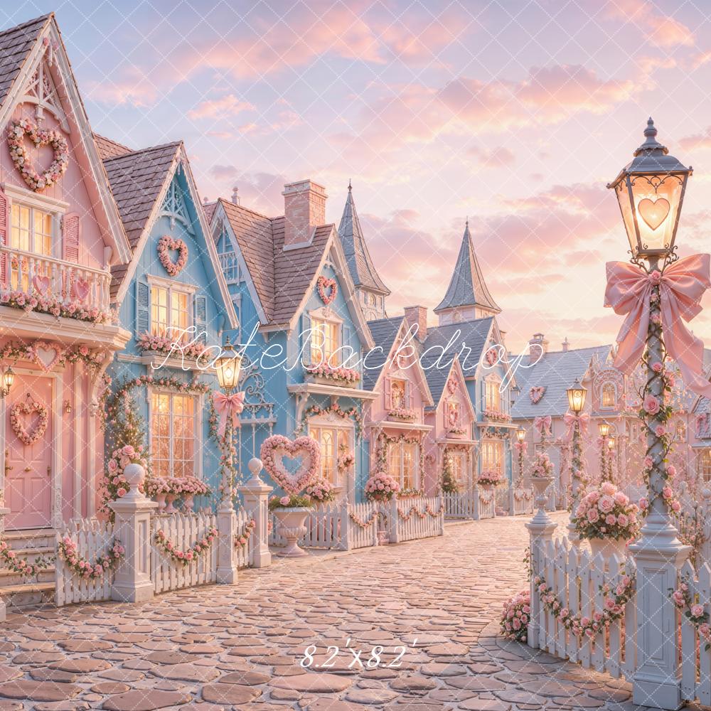 Kate Valentine's Day Street Pink Heart Cottage Village Printed Backdrop Designed by Chain Photography