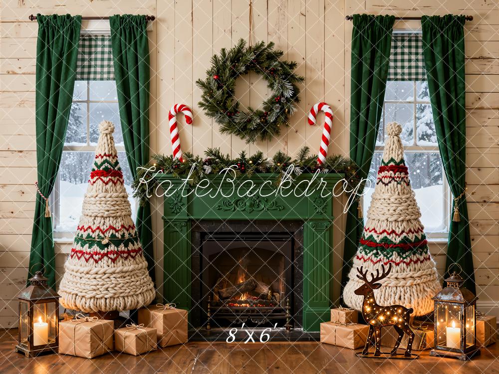 Kate Christmas Fireplace Yarn Trees Wreath Garland Presents Backdrop Designed by Emetselch