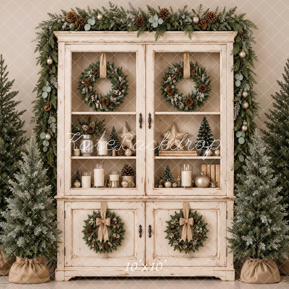 Kate Christmas Vintage Cabinet Wreaths Evergreen Trees Printed Backdrop Designed by Emetselch