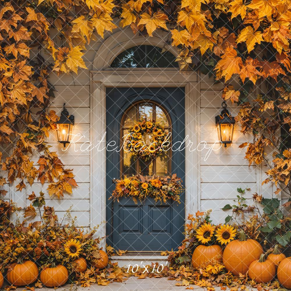 Fondo de Puerta de Calabaza de Otoño con Hojas de Arce Diseñado por Emetselch