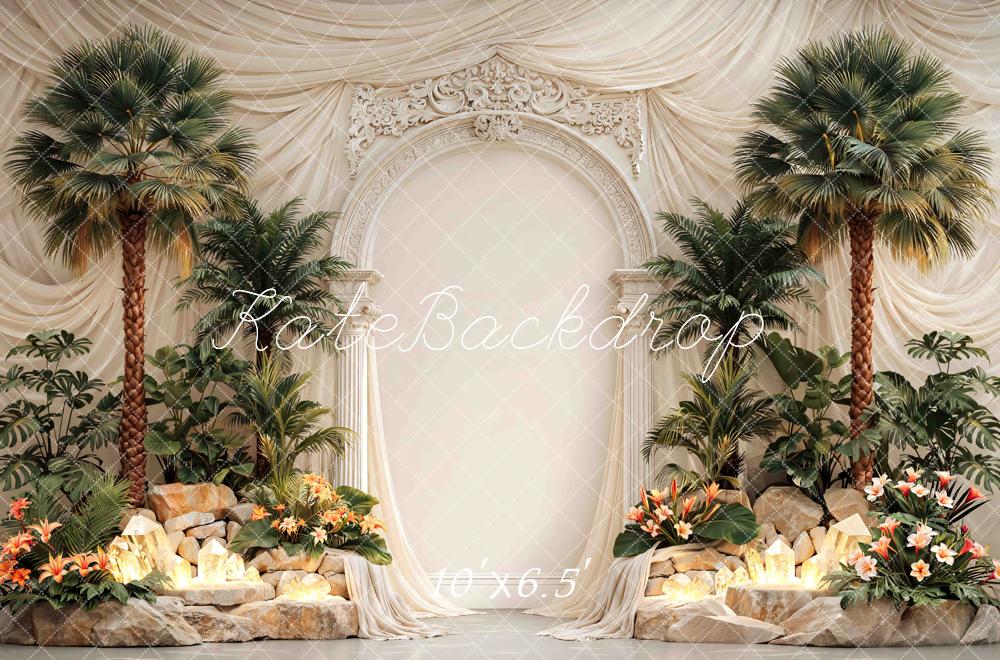 Kate Tropical Palm Trees Floral Rock Arch Printed Backdrop Designed by Mini MakeBelieve