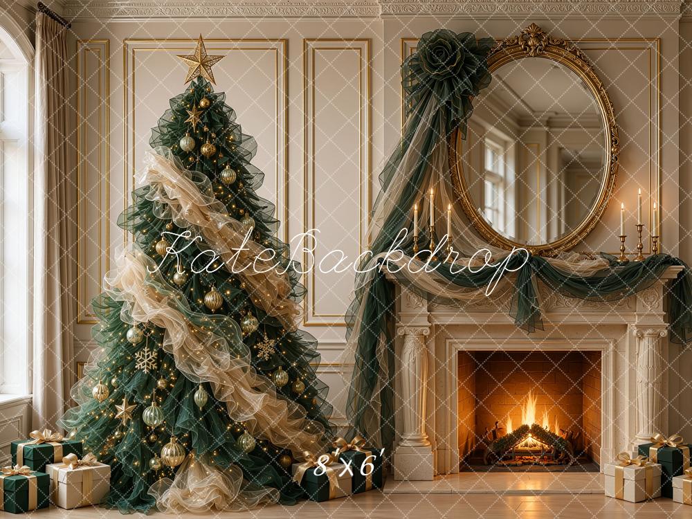 Kate Christmas Tree Tulle Fireplace Ornate Mirror Antique Printed Backdrop Designed by Shutter Swan Studios