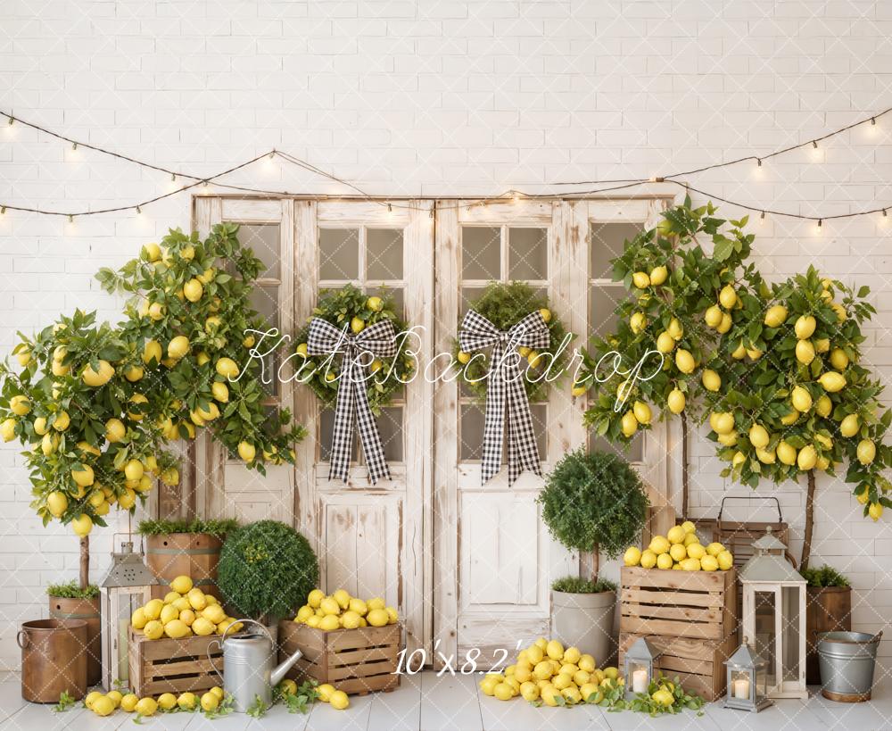 Kate Summer Lemon Tree Rustic Doors Crates Lanterns Printed Backdrop Designed by Emetselch